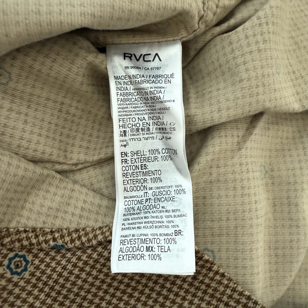 RVCA Brown Houndstooth Button Up Freeman Corduroy Long 100% Cotton Sleeve XXL - Picture 11 of 16